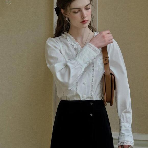 Simple Retro M Faith Lace Patchwork Embroidered Off White Cottagecore Blouse - Picture 4 of 13